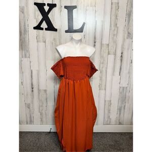 SHEIN Curve Rust Orange Off the Shoulder Maxi Dress Womens Plus Size 0XL Smocked